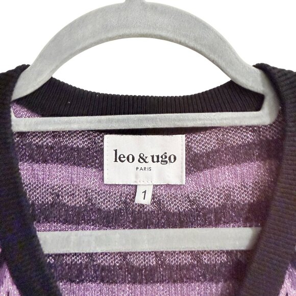 Leo & Ugo Purple Black Scallop Lurex Striped Knit V-Neck Sweater Size S France - Picture 5 of 12